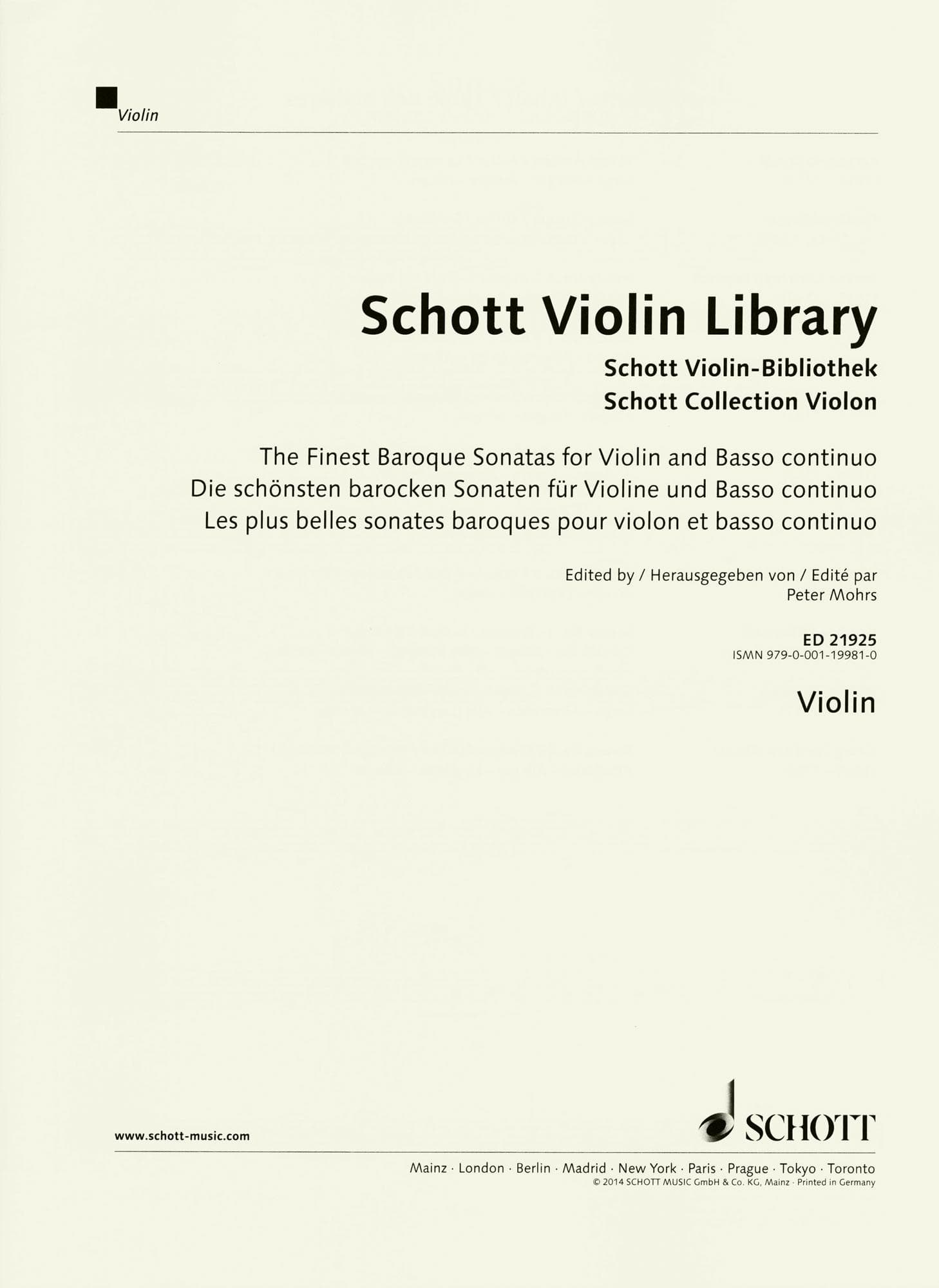 The Finest Baroque Sonatas - for Violin and Basso Continuo - edited by Peter Mohrs - Schott Violin Library