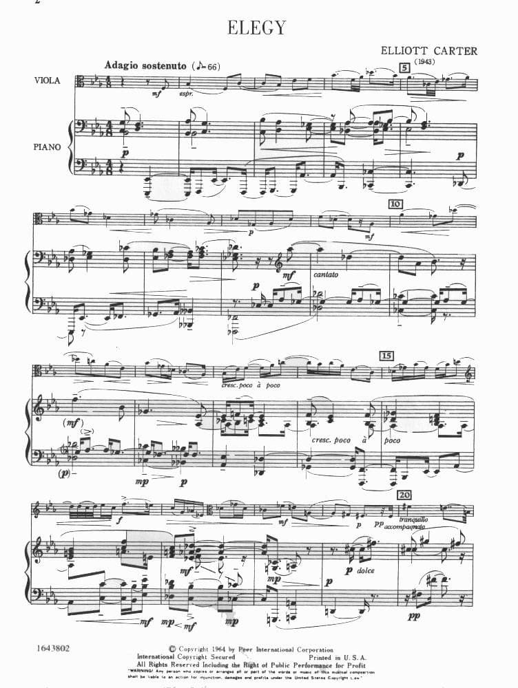 Carter, Elliot - Elegy (1943) for Viola and Piano - Peer Music Publication