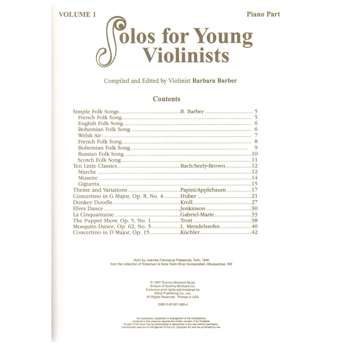 Solos for Young Violinists Volume 1 for Violin and Piano by Barbara Barber - Summy-Birchard Publication