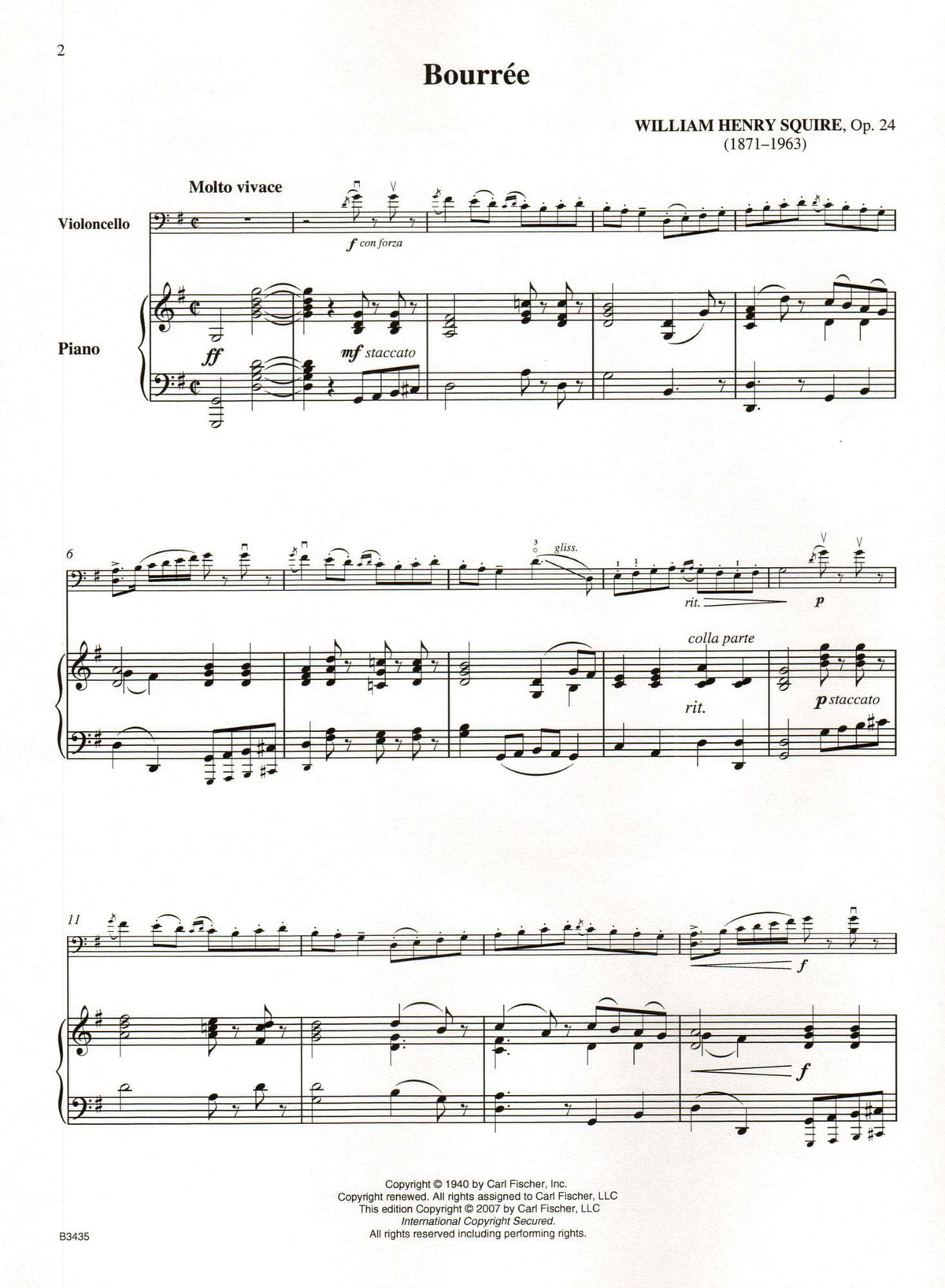 Squire, William Henry - Bouree Op 24 For Solo Cello & Piano Published by Carl Fischer