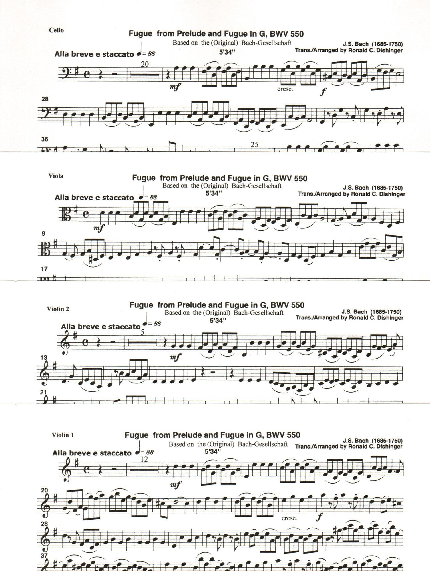 Bach, J.S. - Fugue from Prelude and Fugue in G (BWV 550) - for String Quartet - arranged by Dishinger - Medici Music Press