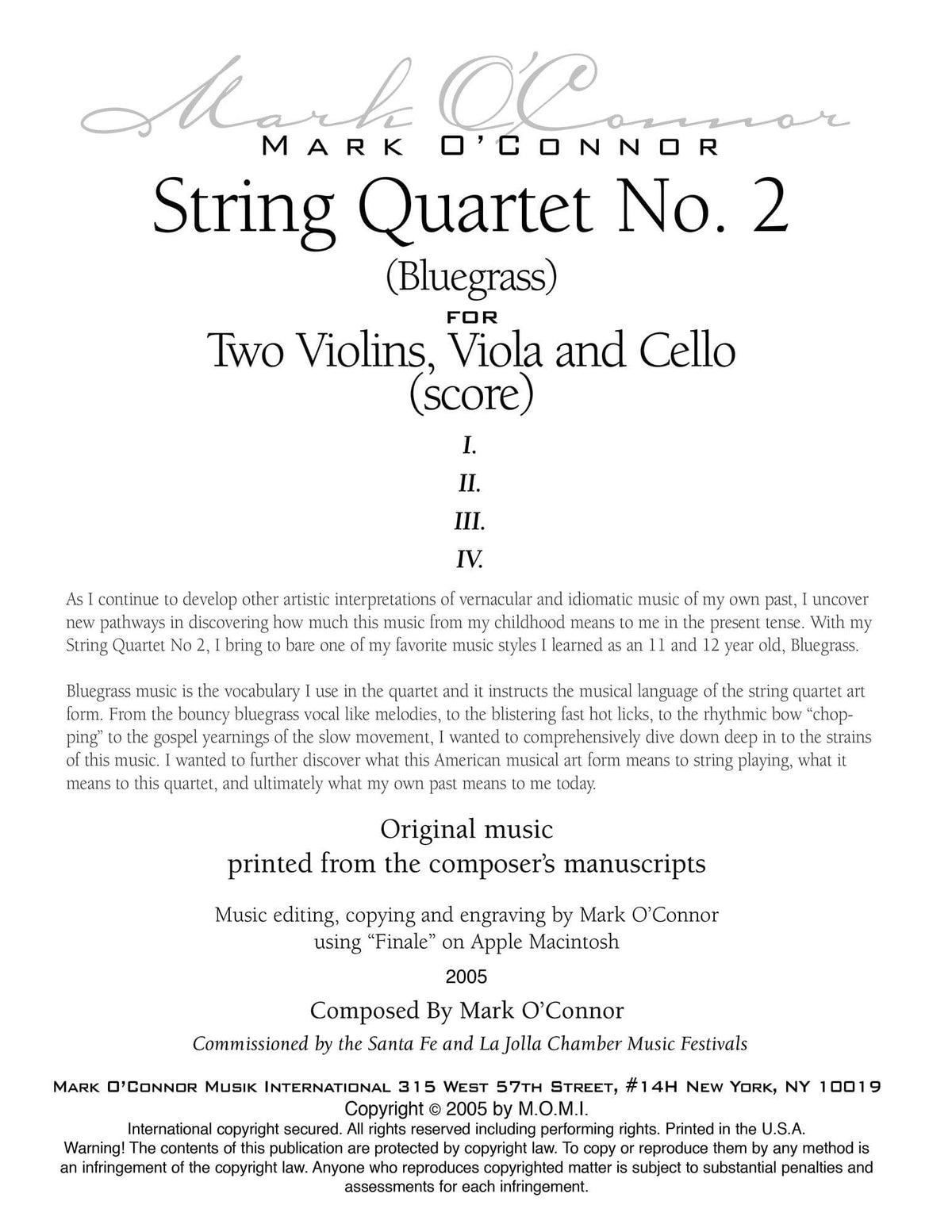 O'Connor, Mark - String Quartet No. 2 (Bluegrass) for 2 Violins, Viola, and Cello - Score - Digital Download