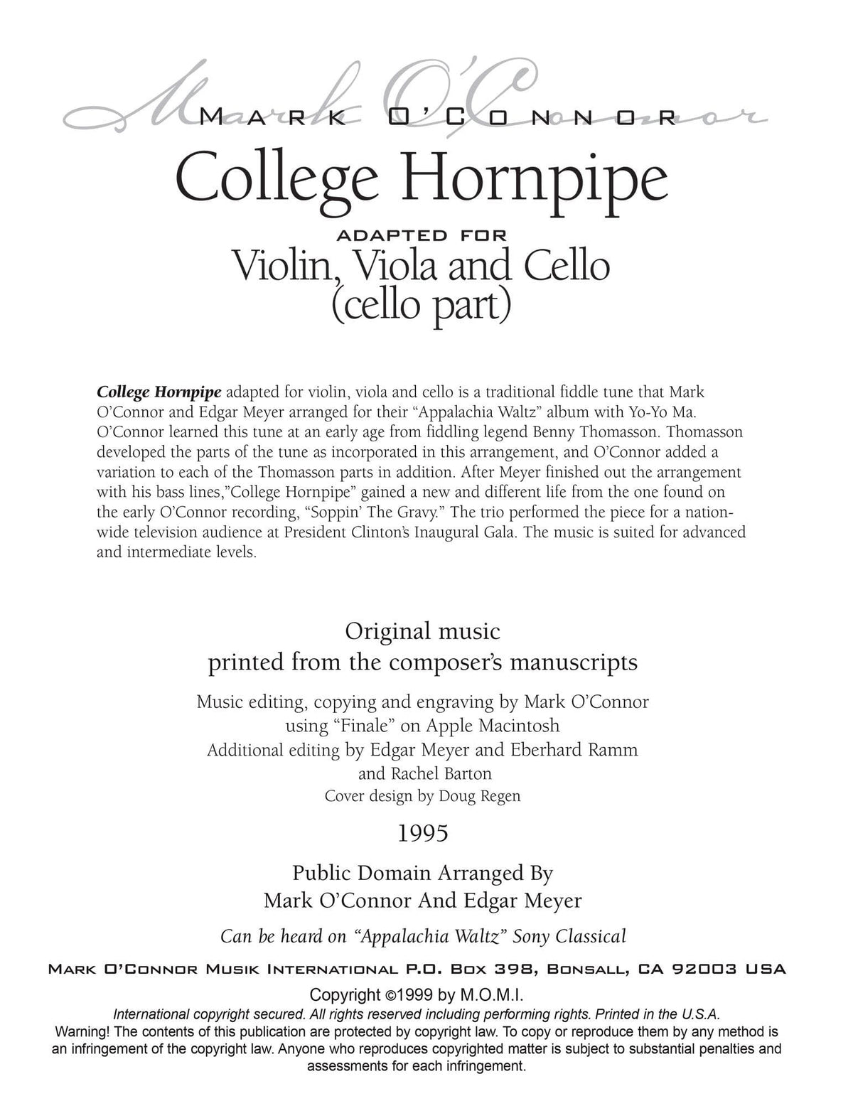 O'Connor, Mark - College Hornpipe for Violin, Viola, and Cello - Cello - Digital Download