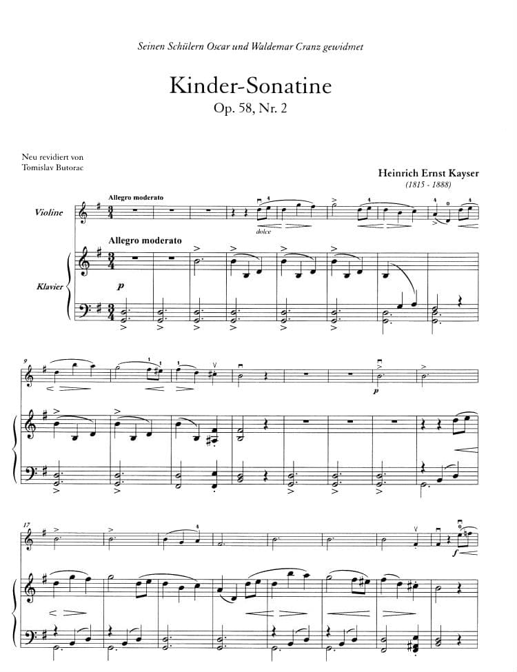 Kayser, H E - Children Sonatine, Op 58 No 2 - for Violin and Piano - edited by Tomislav Butorac - Ice-Land Music