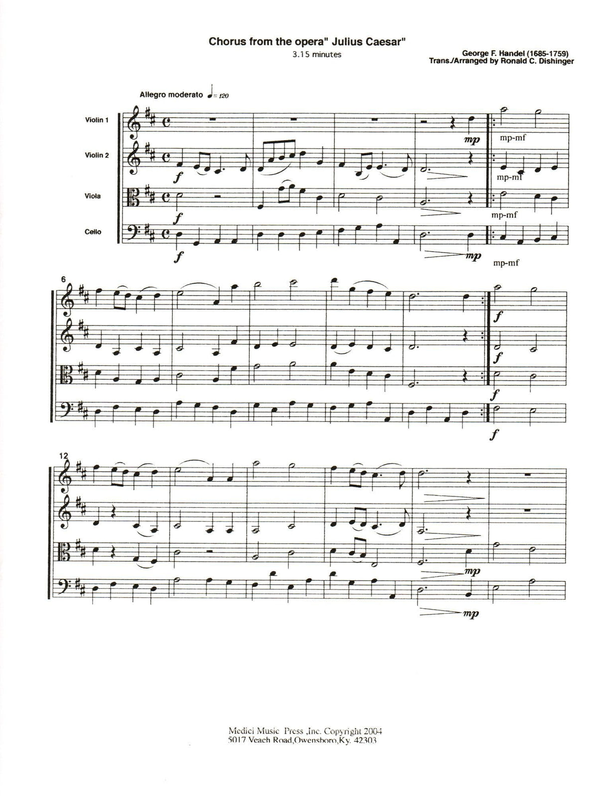 Handel, George Friderich - Chorous from "Julius Caesar" - for String Quartet - arranged by Ronald C. Dishinger - Medici Music Press