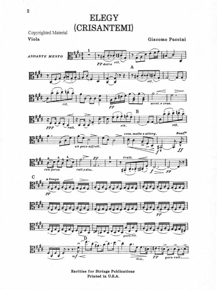 Puccini - Elegy ( Chrysanthemums ) for String Quartet Score and Parts Published by Rarities for Strings Publications