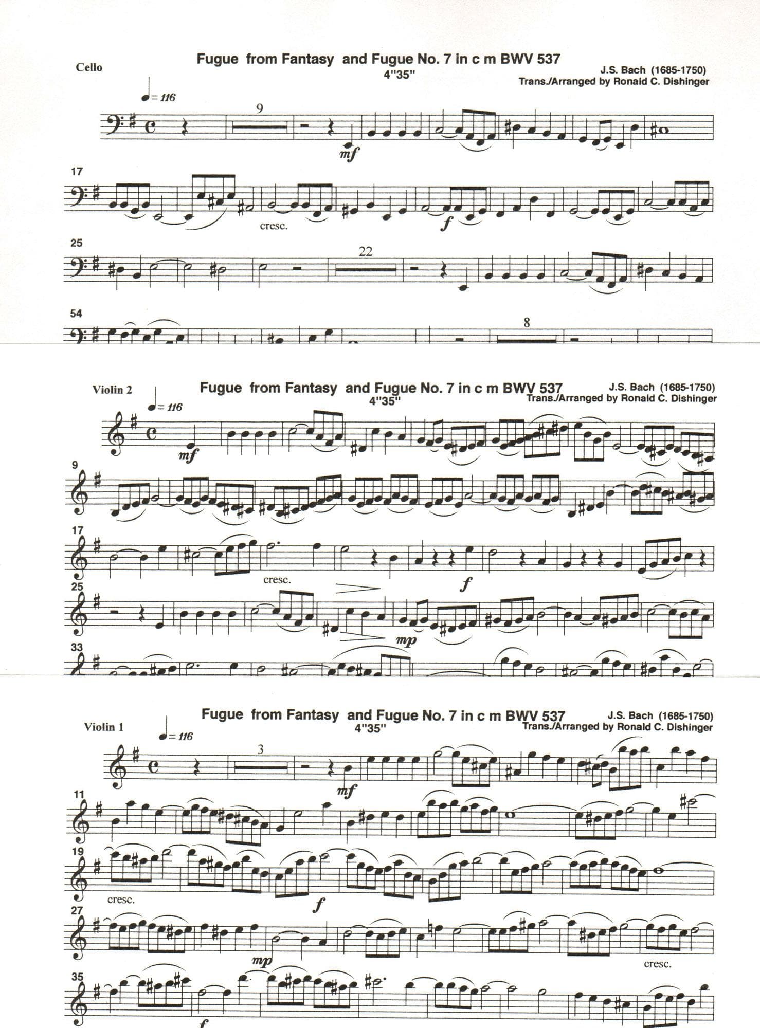 Bach, J.S. - Fugue from Prelude and Fugue (BWV 537) - for Two Violins and Cello - arranged by Dishinger - Medici Music Press