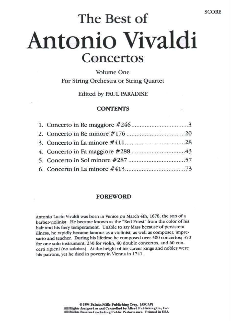 Vivaldi, Antonio - The Best of Antonio Vivaldi, Volume 1 - for String Quartet or String Orchestra - SCORE ONLY - edited by Paul Paradise - Belwin-Mills Publishing