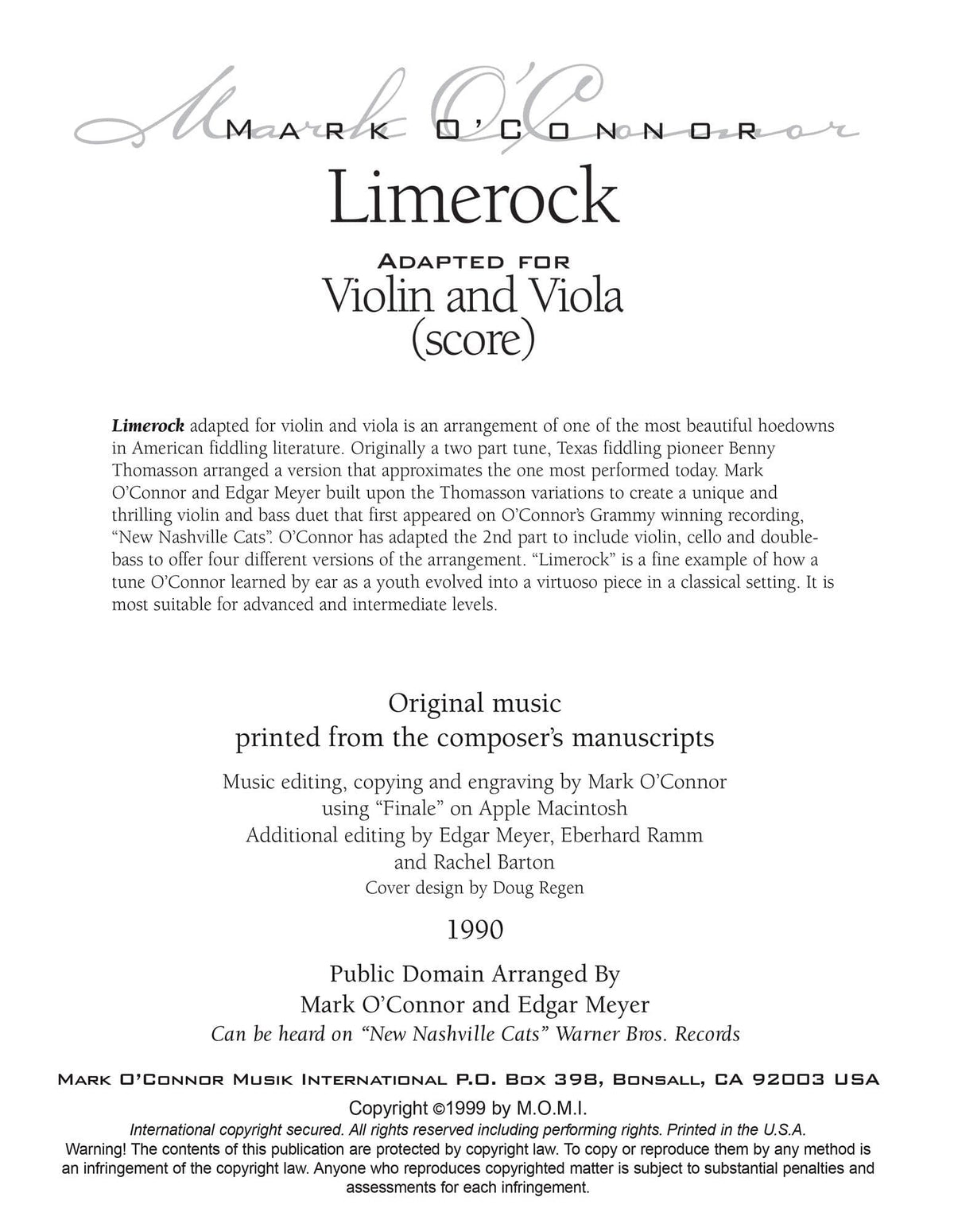 O'Connor, Mark - Limerock for Violin and Viola - Score - Digital Download