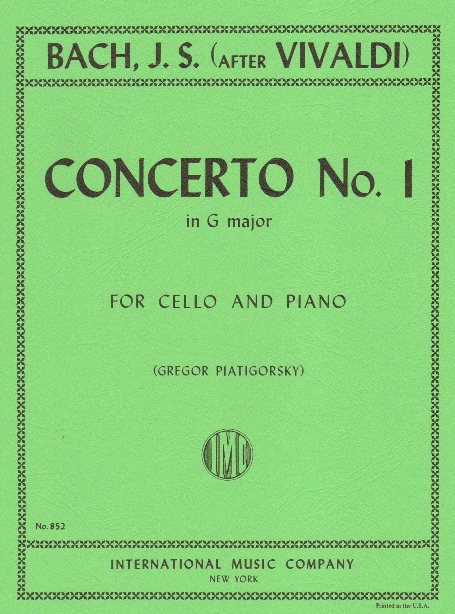 Bach, JS - Concerto No 1 in G Major BWV 592 for Cello and Piano - Arranged by Piatigorsky - International Edition