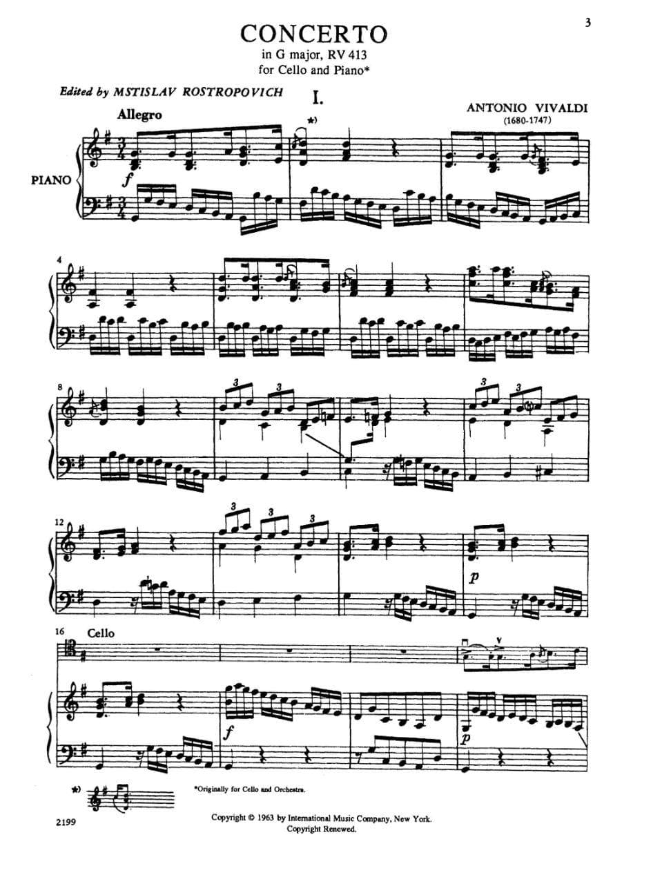 Vivaldi, Antonio - Concerto In G Major, F III, No 12, RV 413 For Cello and Piano Edited by Rostropovich Published by International Music Company