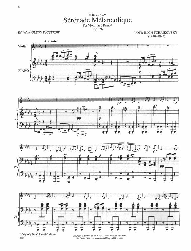 Tchaikovksy, PI - Serenade Melancolique, Op 26 - Violin and Piano - edited by Glenn Dicterow - International Music Company