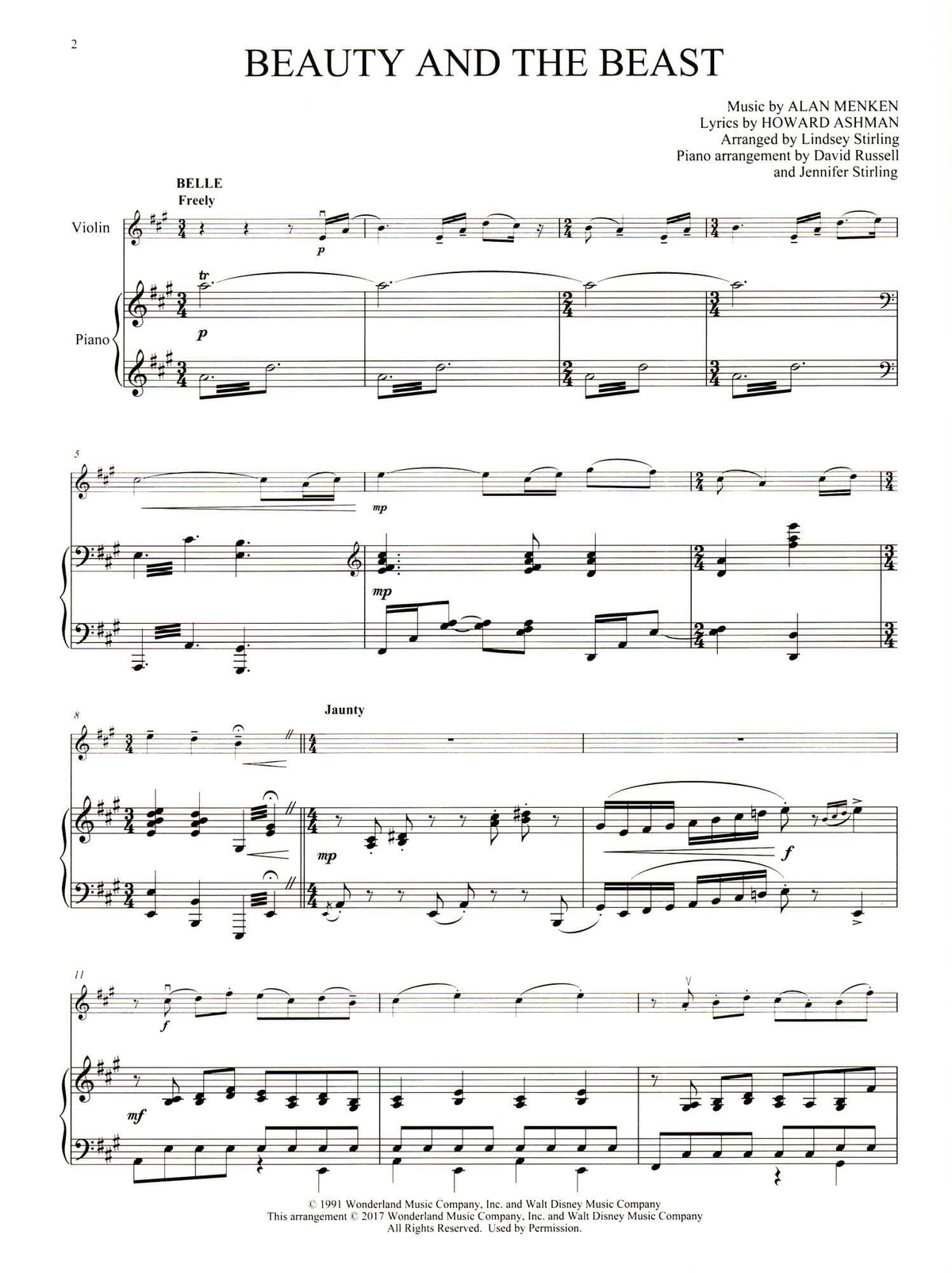 Beauty and the Beast - Medley for Violin and Piano - arranged by Lindsey Stirling - Hal Leonard