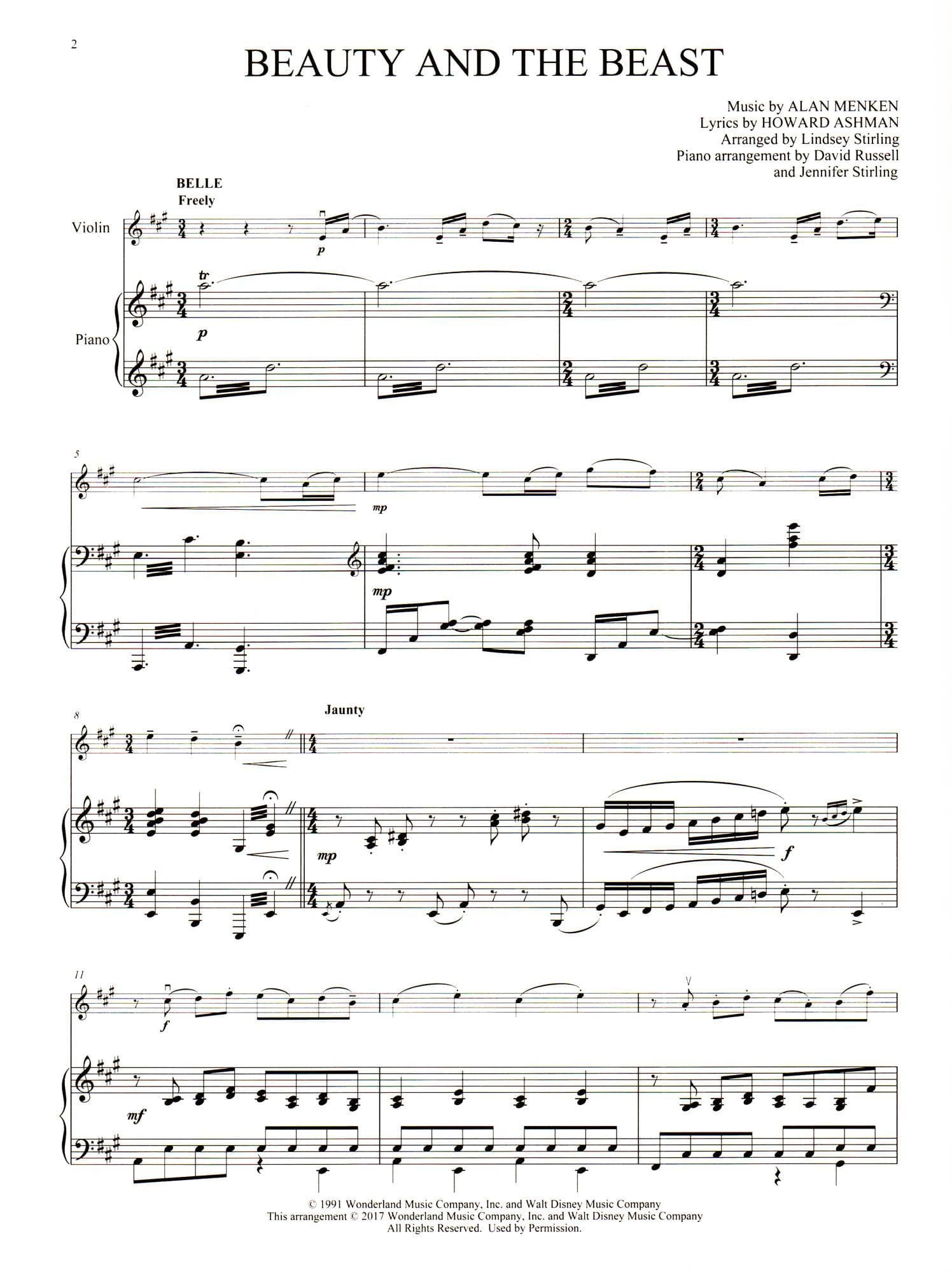 Beauty and the Beast - Medley for Violin and Piano - arranged by Lindsey Stirling - Hal Leonard