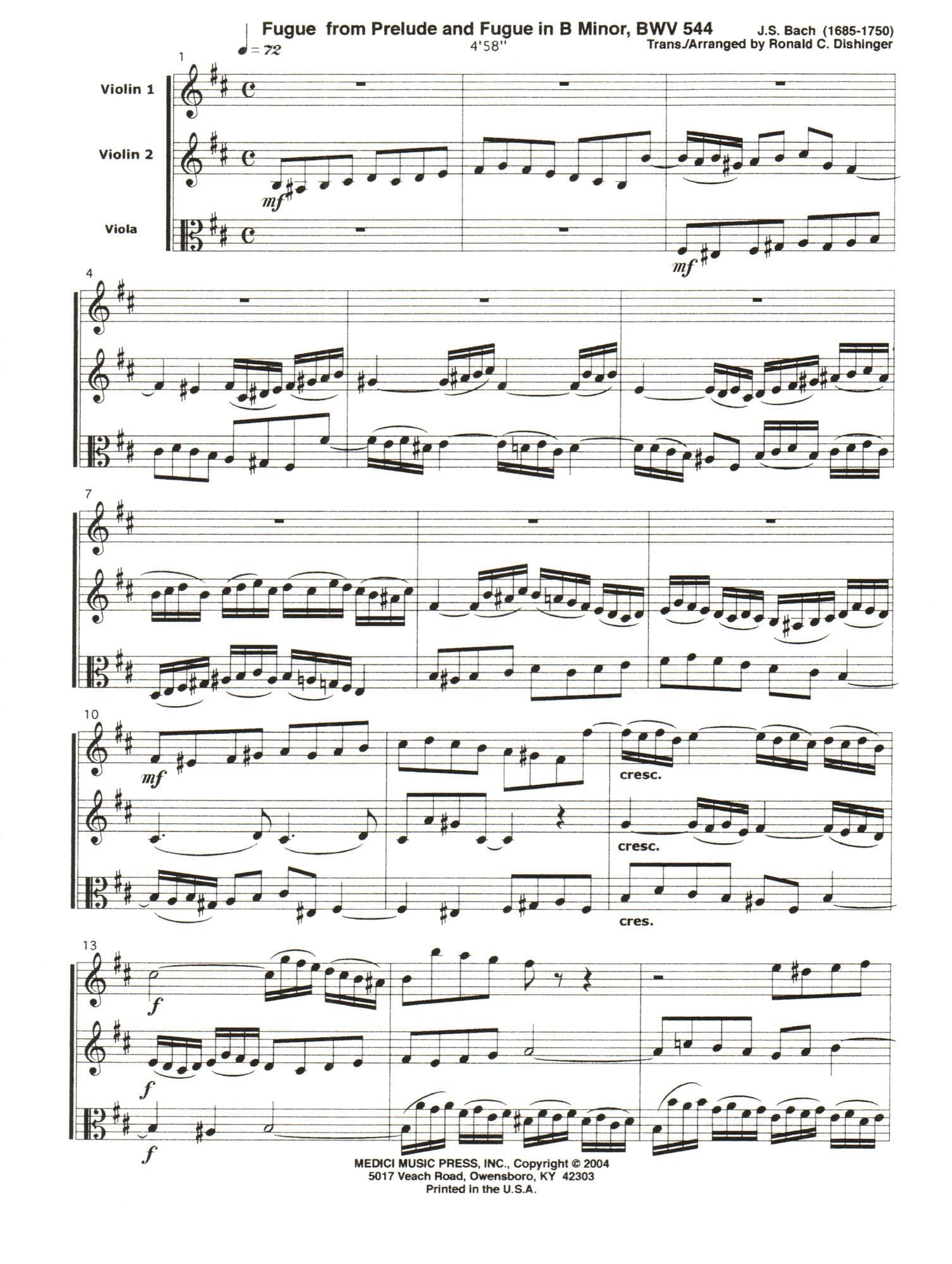 Bach, J.S. - Fugue from Prelude and Fugue in B Minor (BWV 544) - for Two Violins and Viola - arranged by Dishinger - Medici Music Press