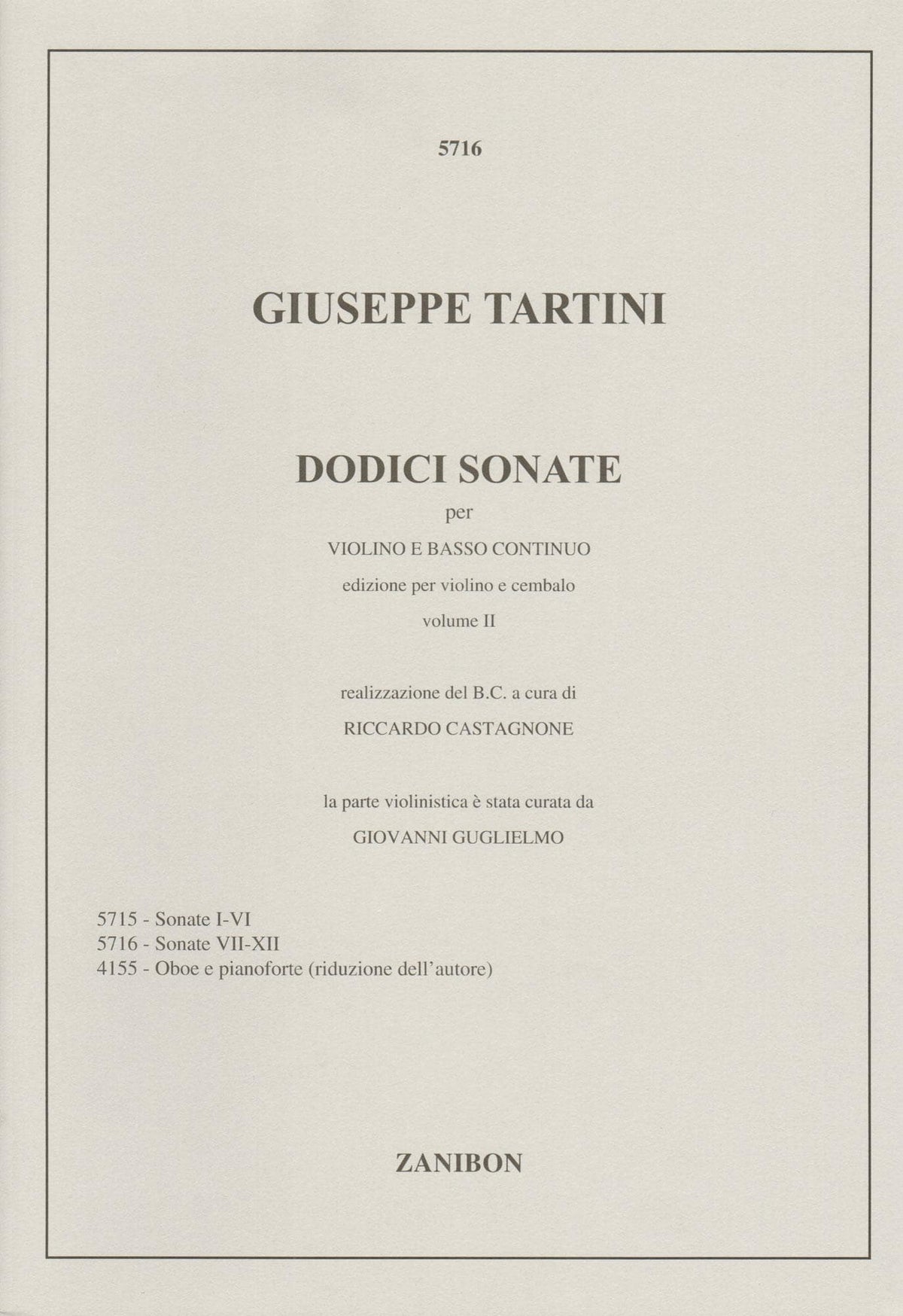 Tartini, Giuseppe - 12 Sonatas - for Violin and Piano - Volume II (Sonatas 7-12) - Zanibon