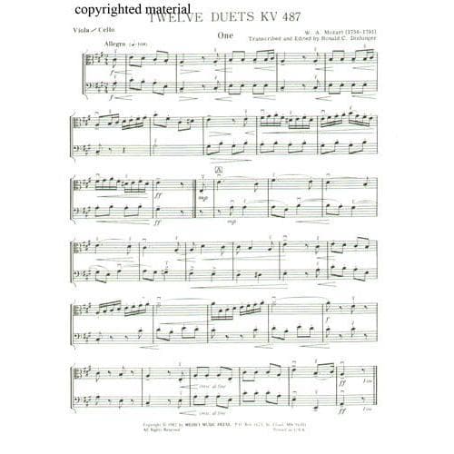 Mozart, WA - 12 Duets, K 487 - Viola and Cello - arranged by Ronald C Dishinger - Medici Music Press