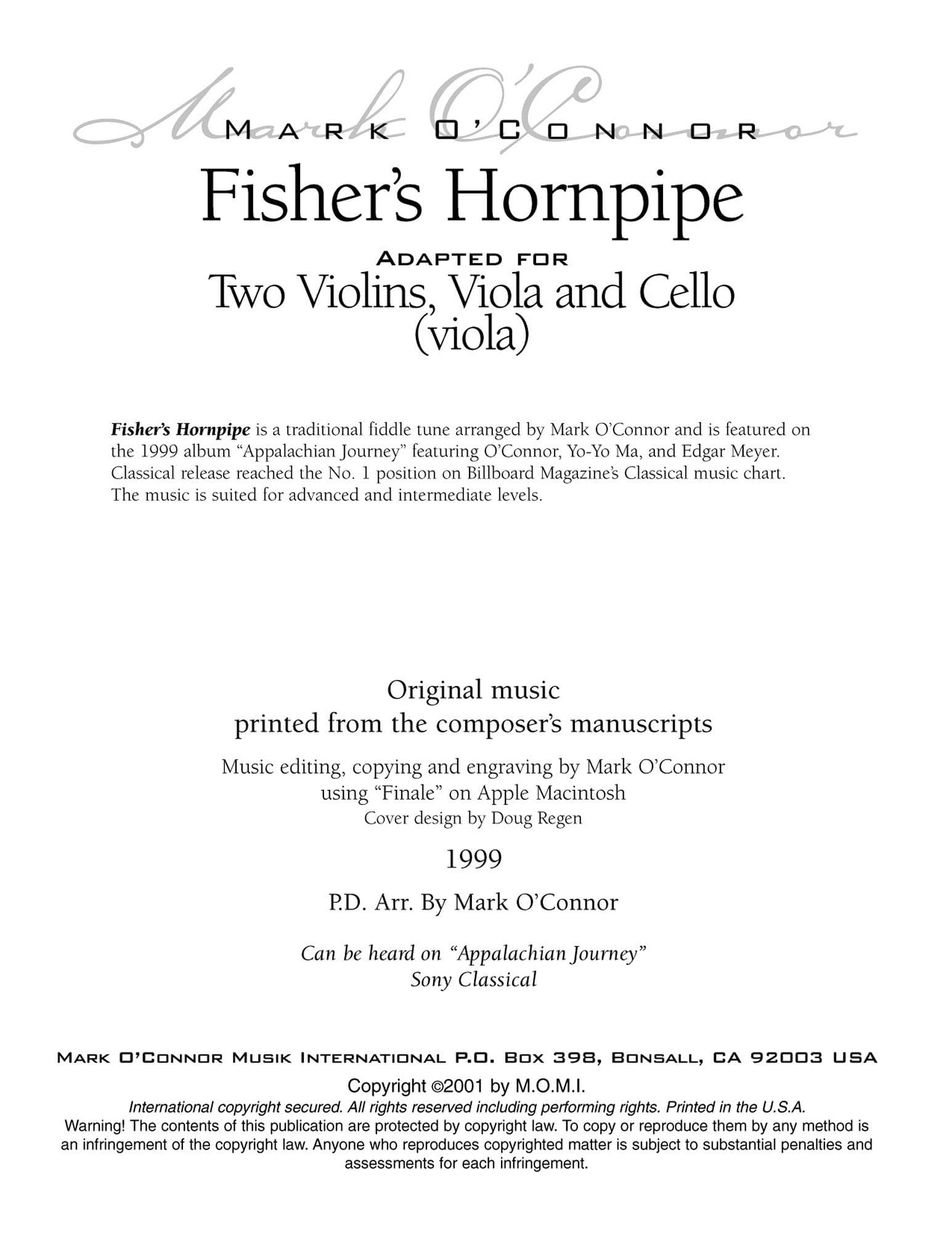 O'Connor, Mark - Fisher's Hornpipe for 2 Violins, Viola, and Cello - Viola - Digital Download