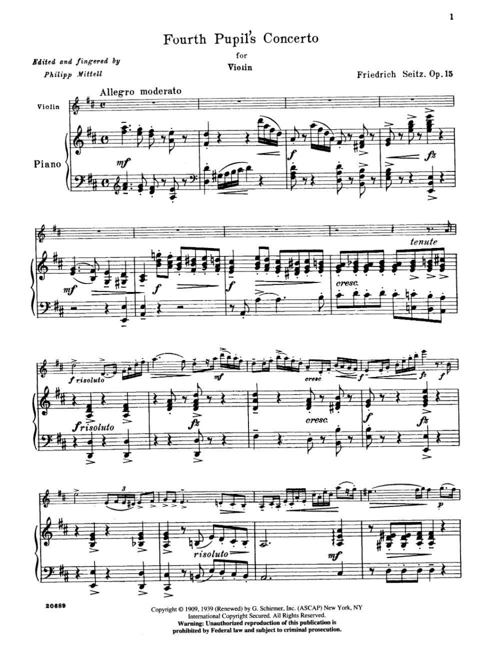 Seitz, Fritz (Friedrich) - Student's Concerto No 4 In D Major Op 15 For Violin and Piano Edited by Mittell Published by G Schirmer