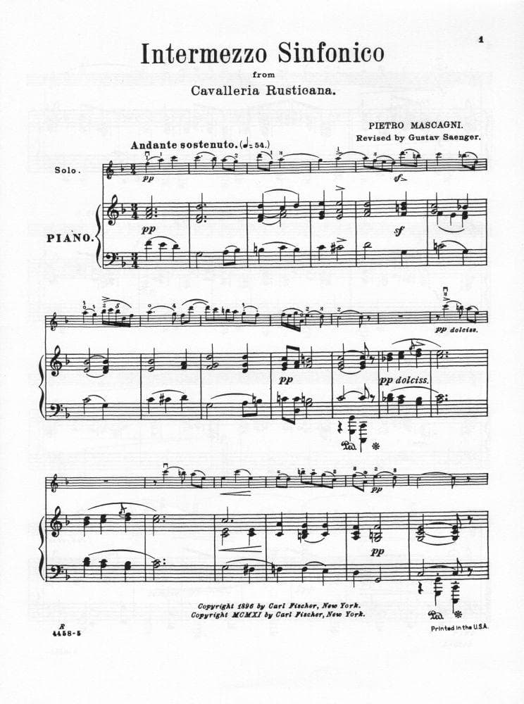 Mascagni, Pietro - Intermezzo Sinfonico from "Cavalleria Rusticana" - Violin and Piano - edited by Gustav Saenger - Carl Fischer Edition