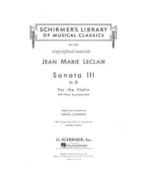 LeClair, Jean-Marie - Sonata in D Major, Op 9, No 3 - Violin and Piano - edited by Leopold Lichtenberg - G Schirmer Edition