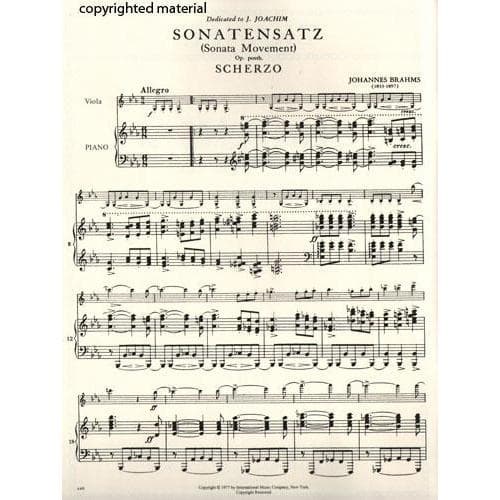 Brahms, Johannes - Sonatensatz: Scherzo in c minor Op Posth for Viola and Piano - Arranged by Katims - International Edition