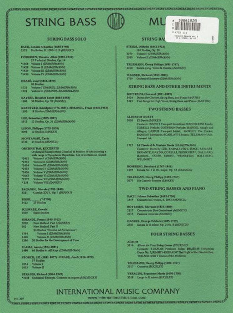 Vivaldi, Antonio - Sonata No 3 in a minor, RV 43 For Bass and Piano Edited by Zimmerman Published by International Music Company