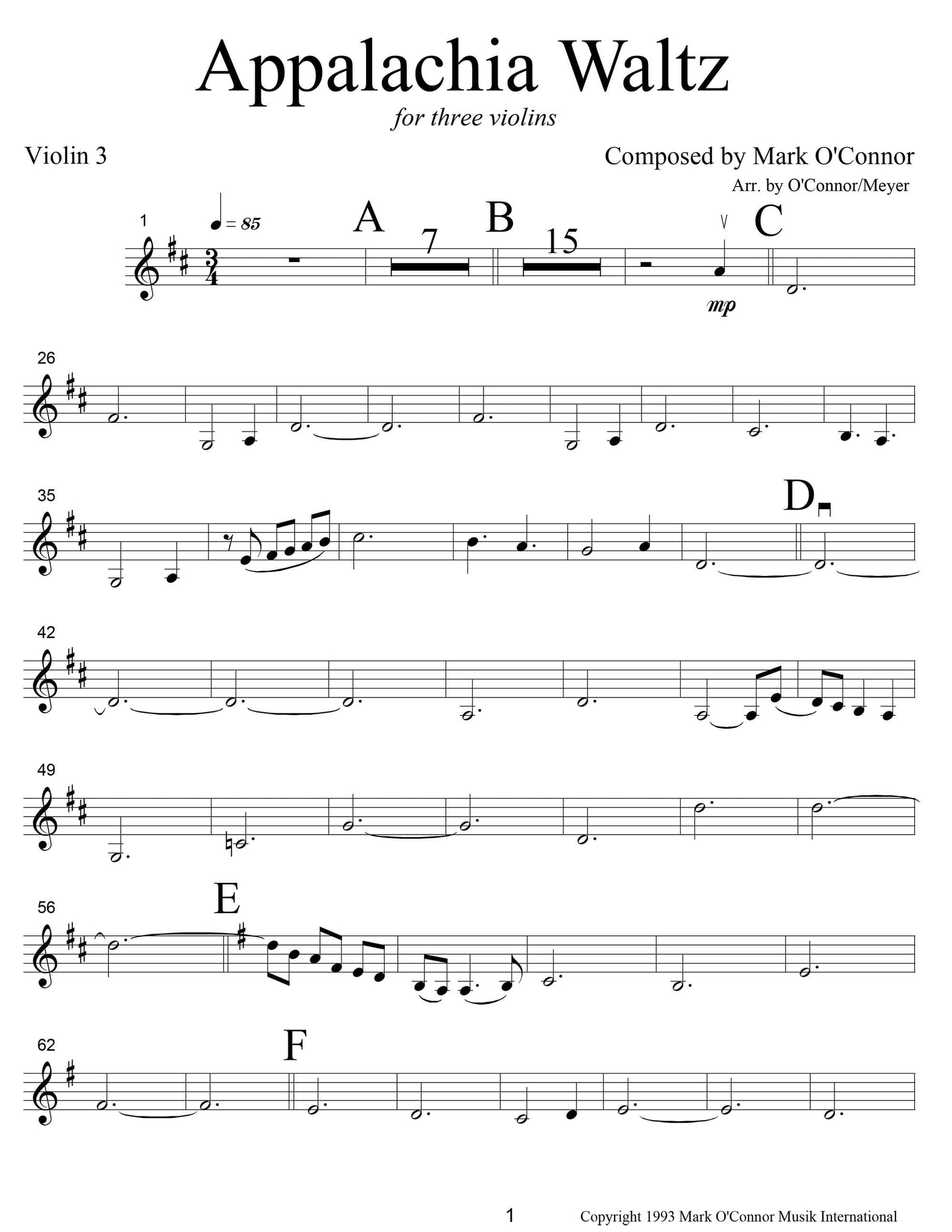 O'Connor, Mark - Appalachia Waltz for 3 Violins - Violin 3 - Digital Download