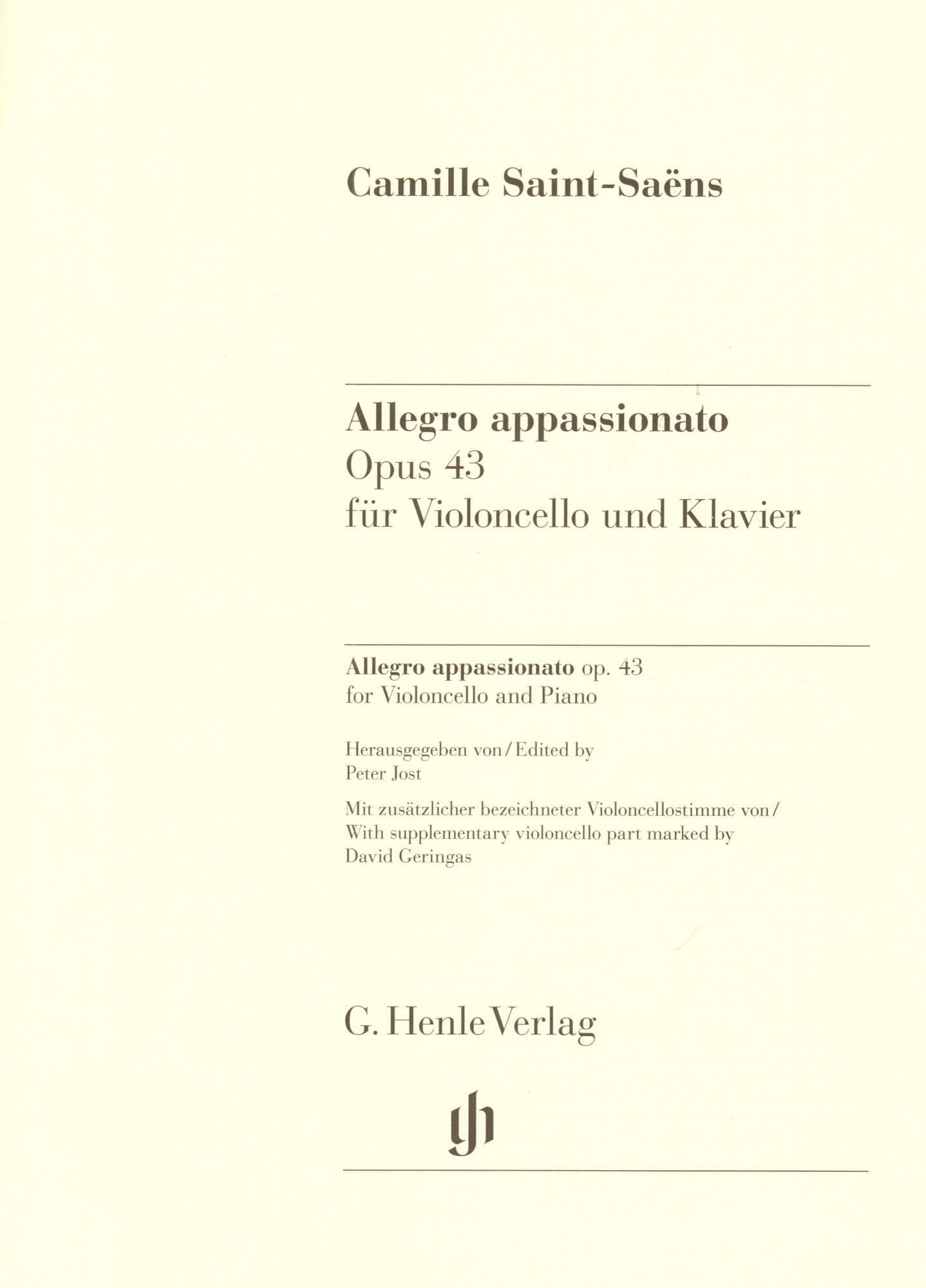 Saint-Saëns, Camille - Allegro Appassionato, Opus 43 - for Cello and Piano - edited by Jost and Geringas - G. Henle Verlag URTEXT