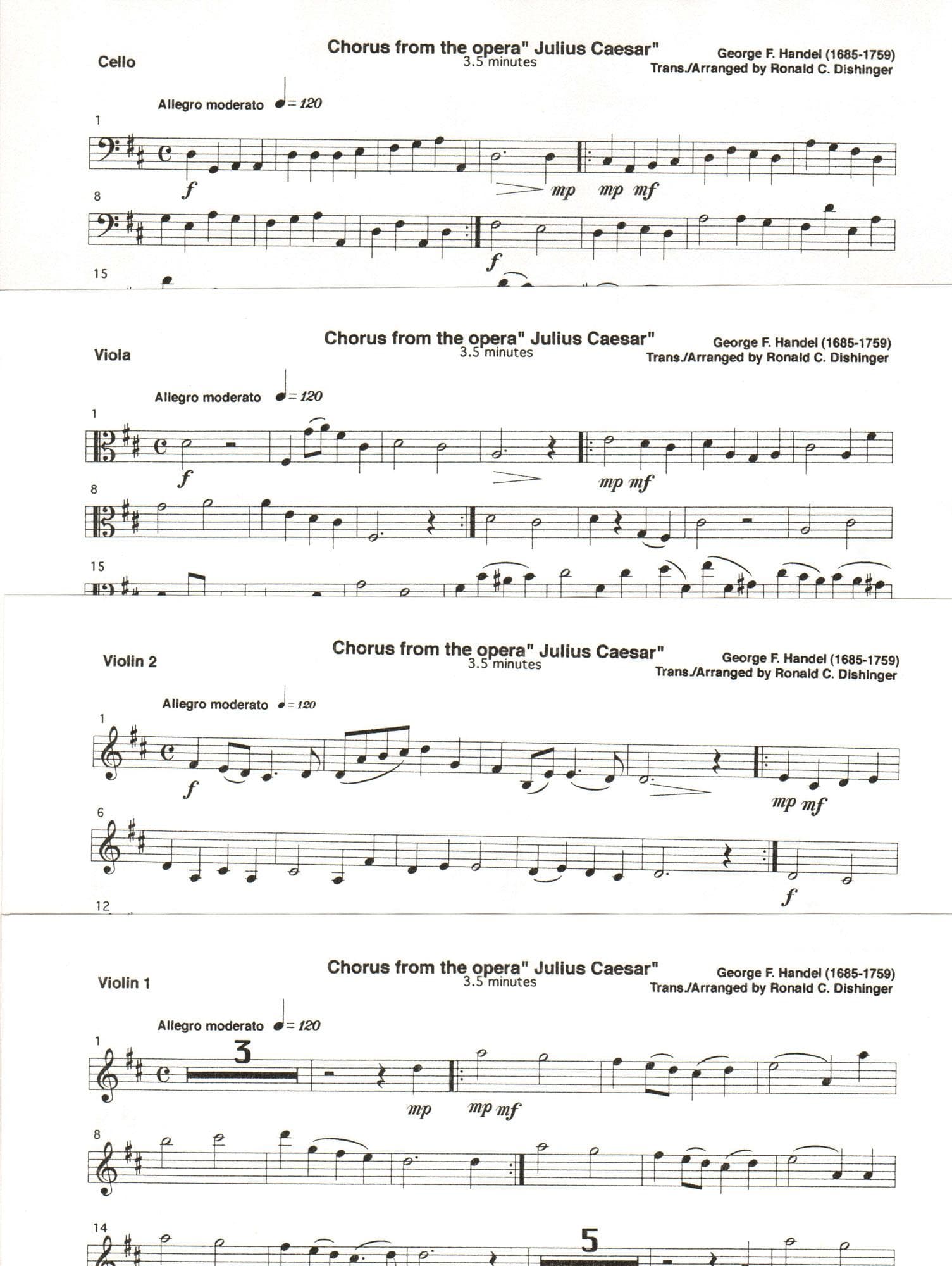 Handel, George Friderich - Chorous from "Julius Caesar" - for String Quartet - arranged by Ronald C. Dishinger - Medici Music Press