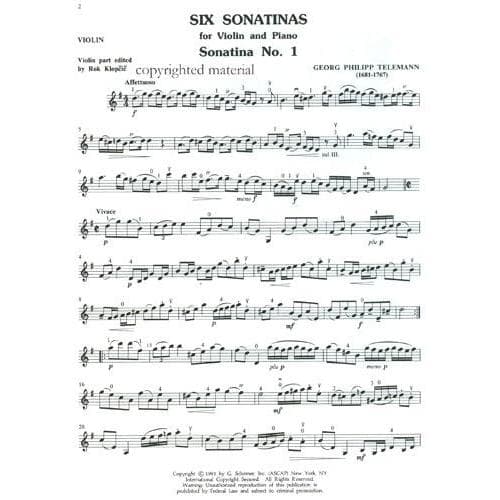 Telemann, Georg Philipp - Six Sonatinas (from TWV 41) (1718) For Violin and Piano Published by G Schirmer