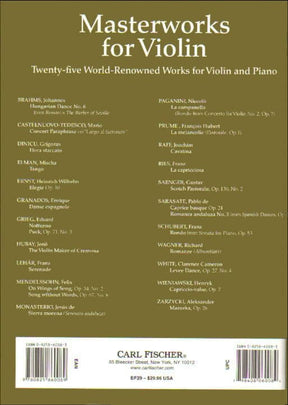 Masterworks for Violin: 25 World-Renowned Works - Violin and Piano - Carl Fischer Edition