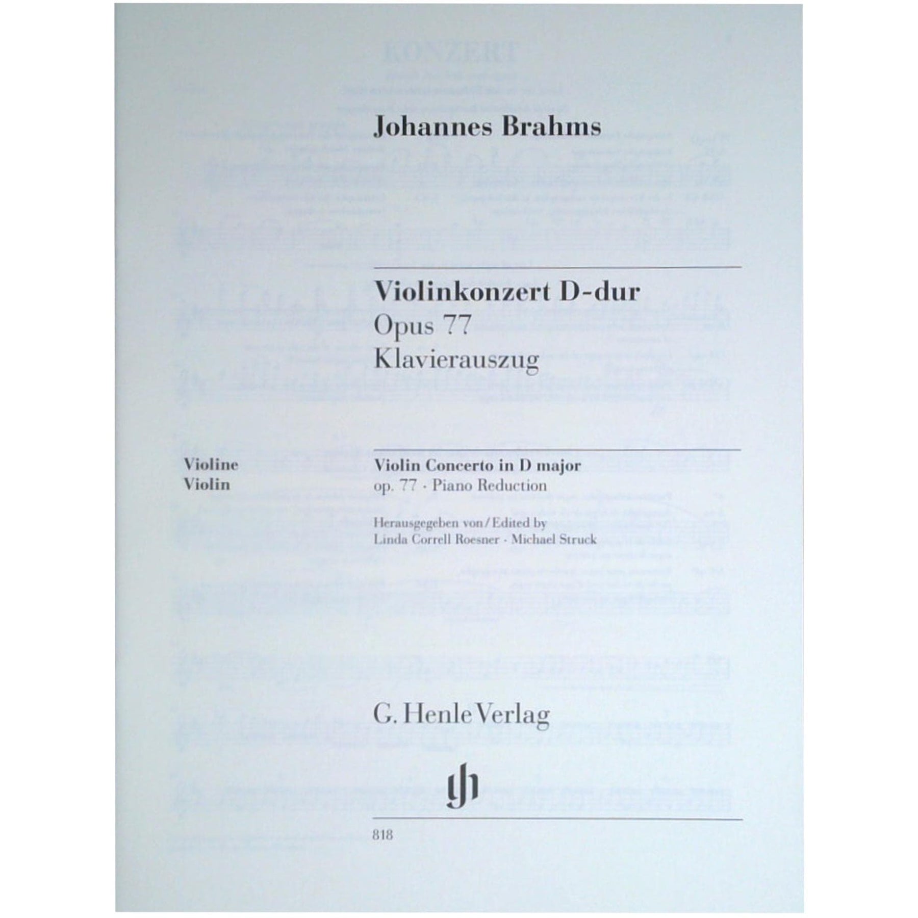 Brahms, Johannes - Violin Concerto in D Major Opus 77  - Violin and Piano - arranged by Frank Peter Zimmerman - G Henle Verlag