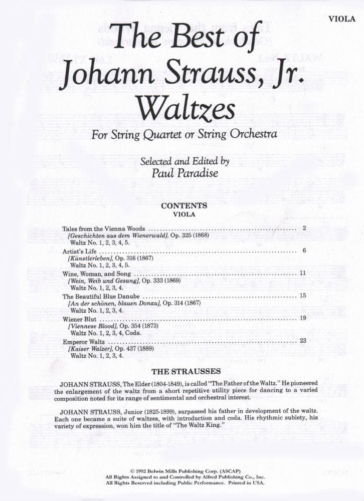 Strauss, Johann Jr - The Best of Johann Strauss, Jr - for String Quartet or String Orchestra - Viola part - edited by Paul Paradise - Belwin-Mills Publishing