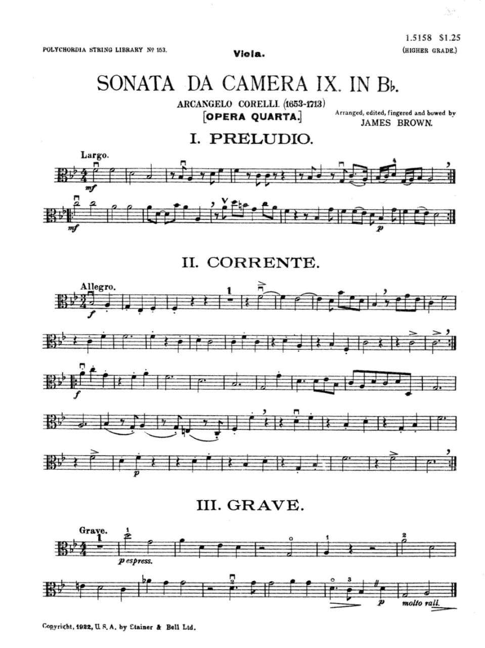 Corelli, Arcangelo - The Polychordia String Library: No. 153 - Sonata Da Camera, Nos. 9 and 10 - Viola Part ONLY - Galaxy Music