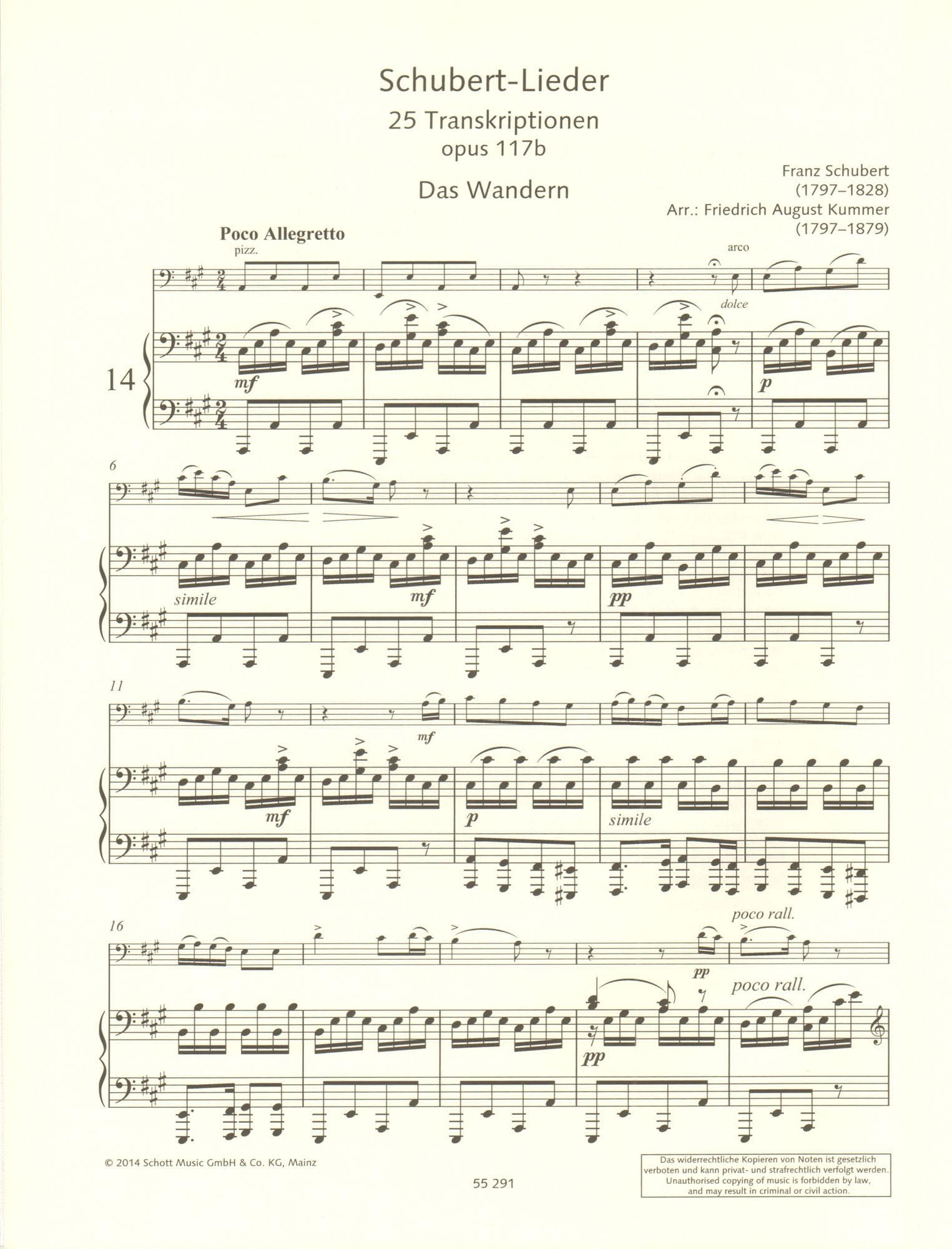 Schubert-Lieder - 25 Songs by Franz Schubert - Vol. 2 - transcribed by Friedrich Kummer (opus 117b) - for Cello and Piano - Schott