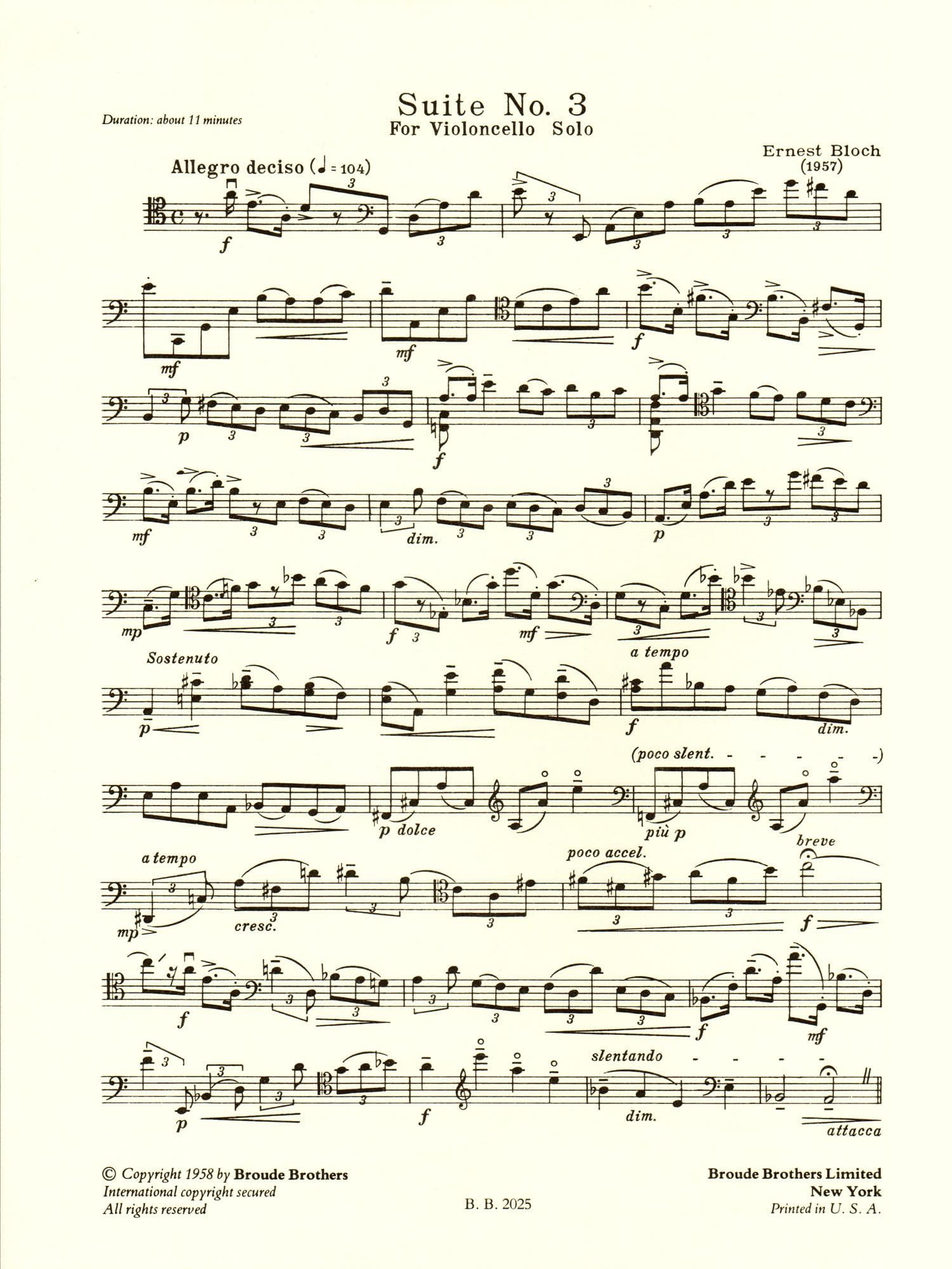 Bloch, Ernest - Suite No 3 For Cello (1957) - Broude Brothers Edition