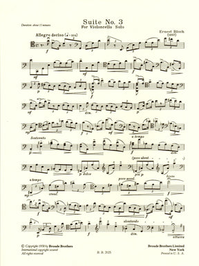 Bloch, Ernest - Suite No 3 For Cello (1957) - Broude Brothers Edition