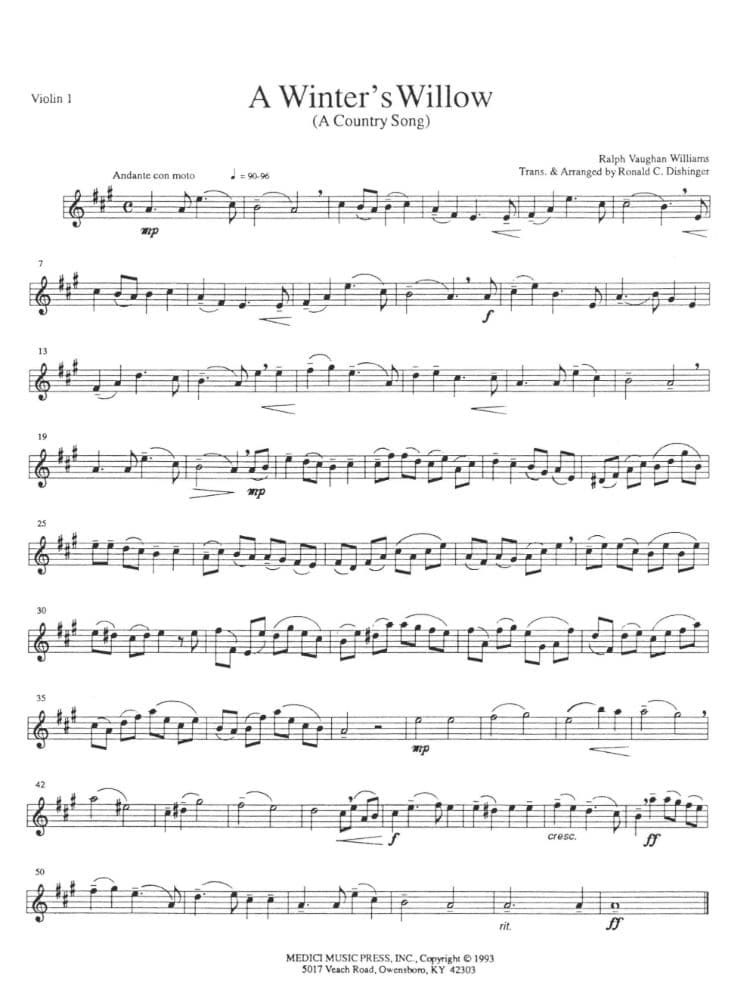 Vaughan Williams, Ralph - A Winter's Willow (Country Song) For String Quartet Edited by Dishinger Published by Medici Music Press