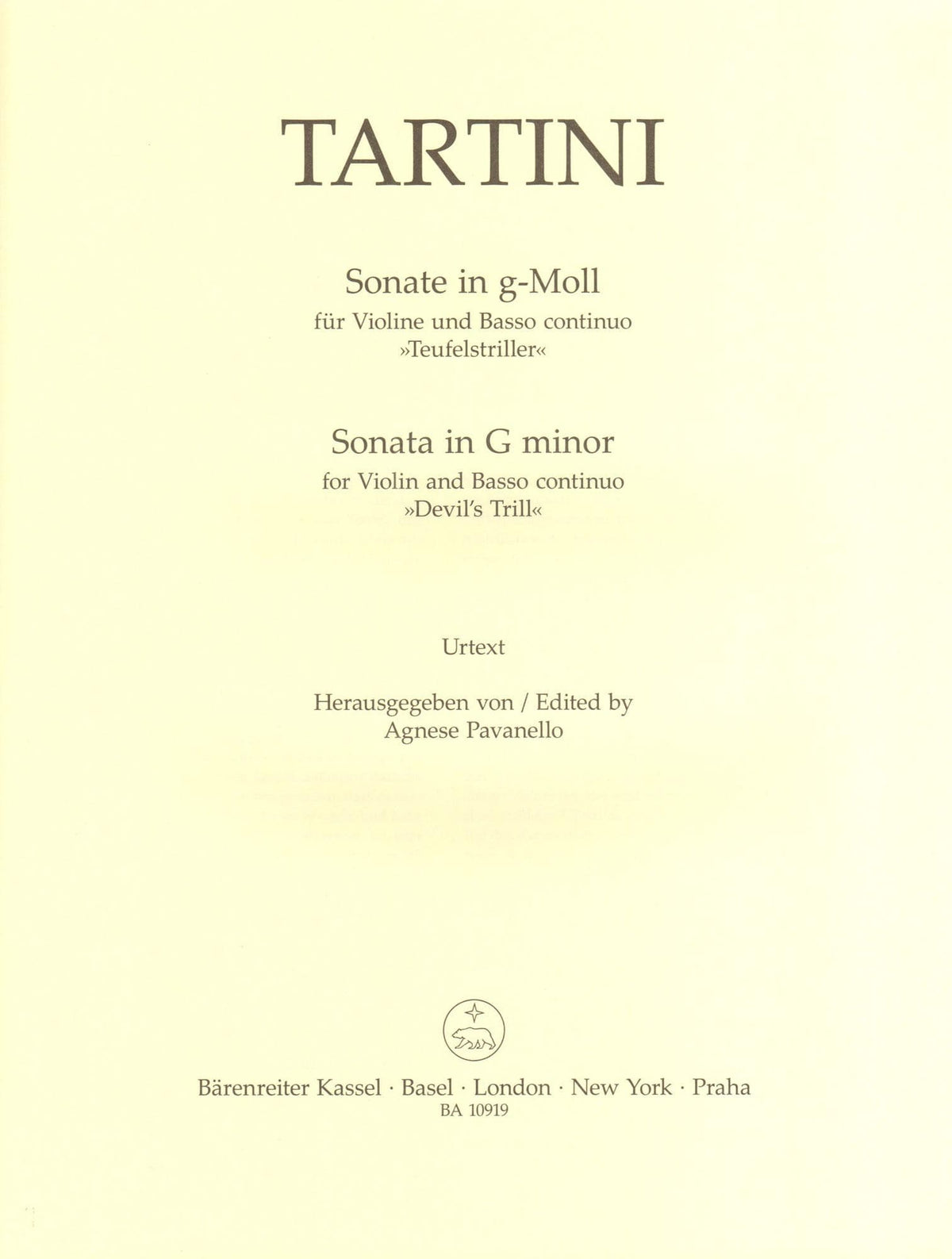 Tartini, Giuseppe - Sonata in G minor ("Devil's Trill") - for Violin and Basso continuo - Barenreiter URTEXT