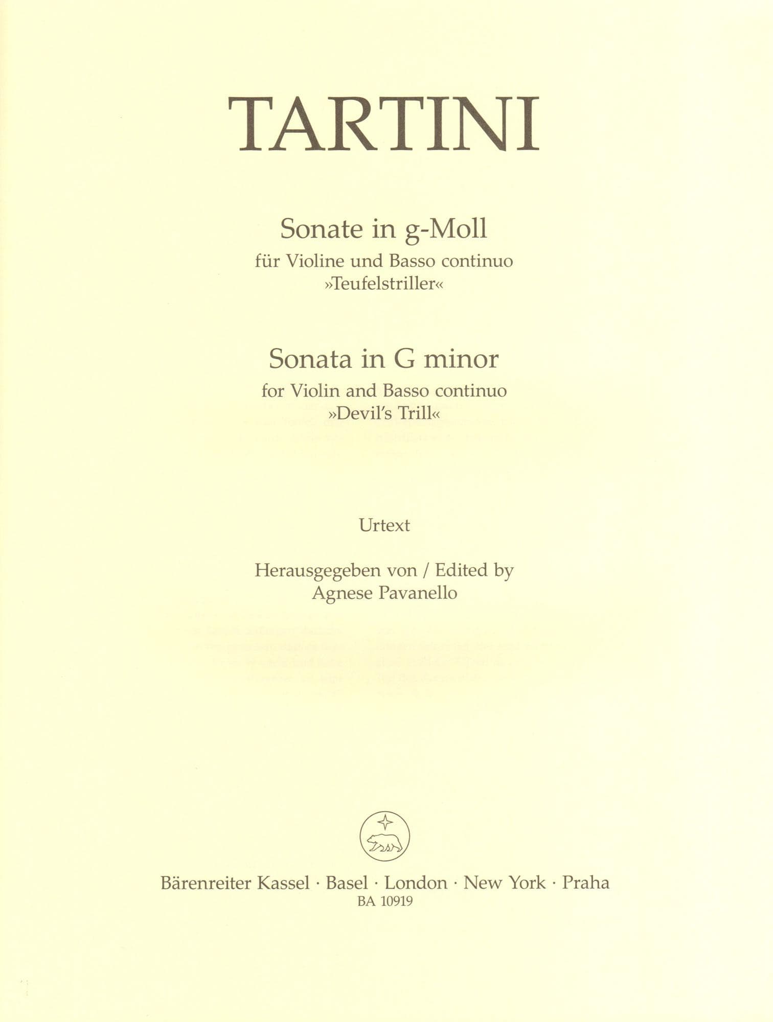 Tartini, Giuseppe - Sonata in G minor ("Devil's Trill") - for Violin and Basso continuo - Barenreiter URTEXT