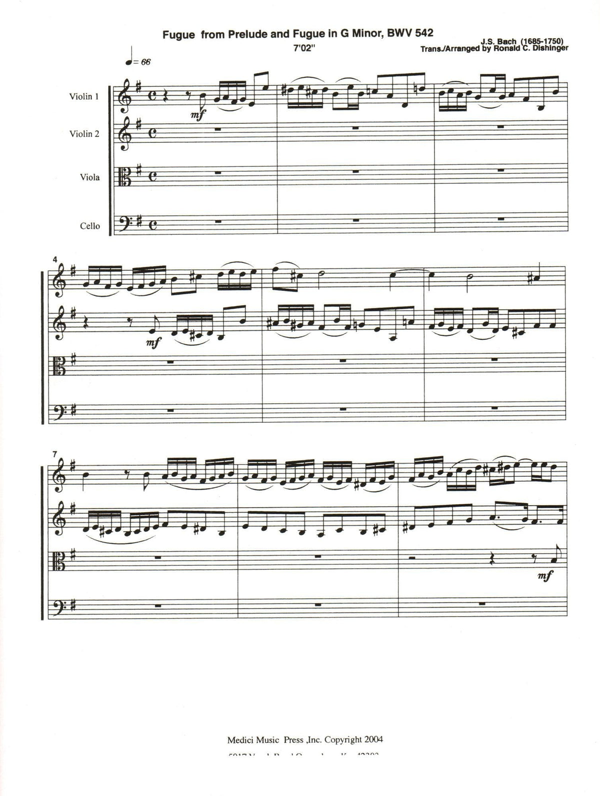 Bach, J.S. - Fugue from Prelude and Fugue (BWV 542) - for String Quartet - arranged by Dishinger - Medici Music Press