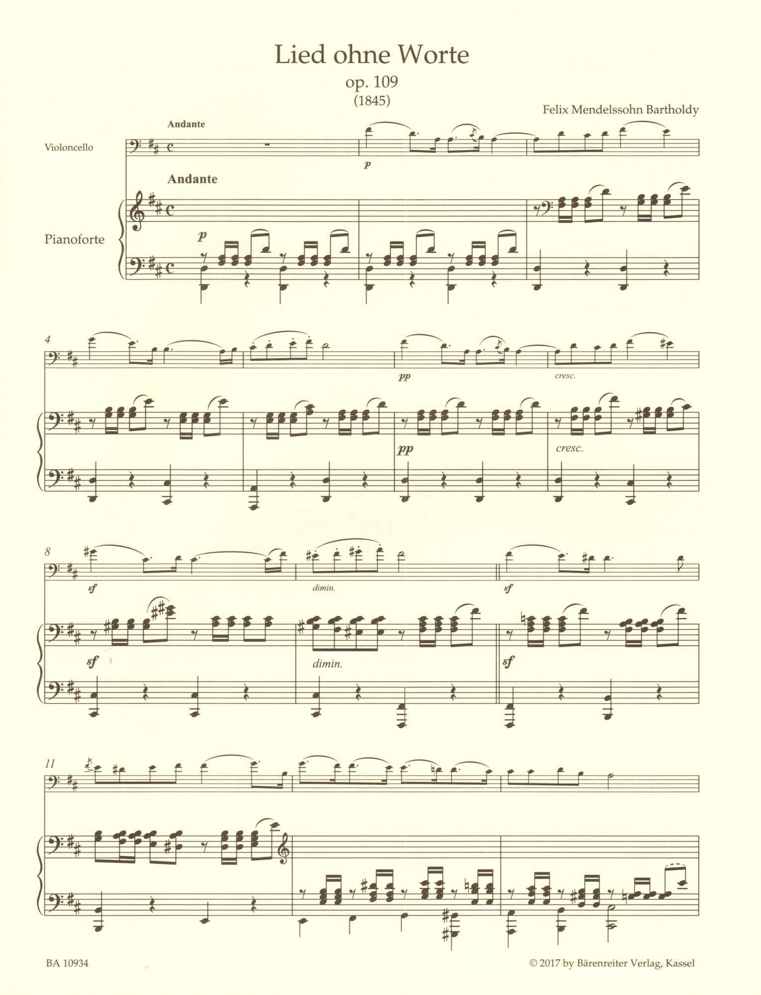 Mendelssohn, Felix - Song without Words - for Cello and Piano - Barenreiter URTEXT Edition