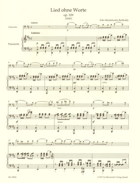 Mendelssohn, Felix - Song without Words - for Cello and Piano - Barenreiter URTEXT Edition