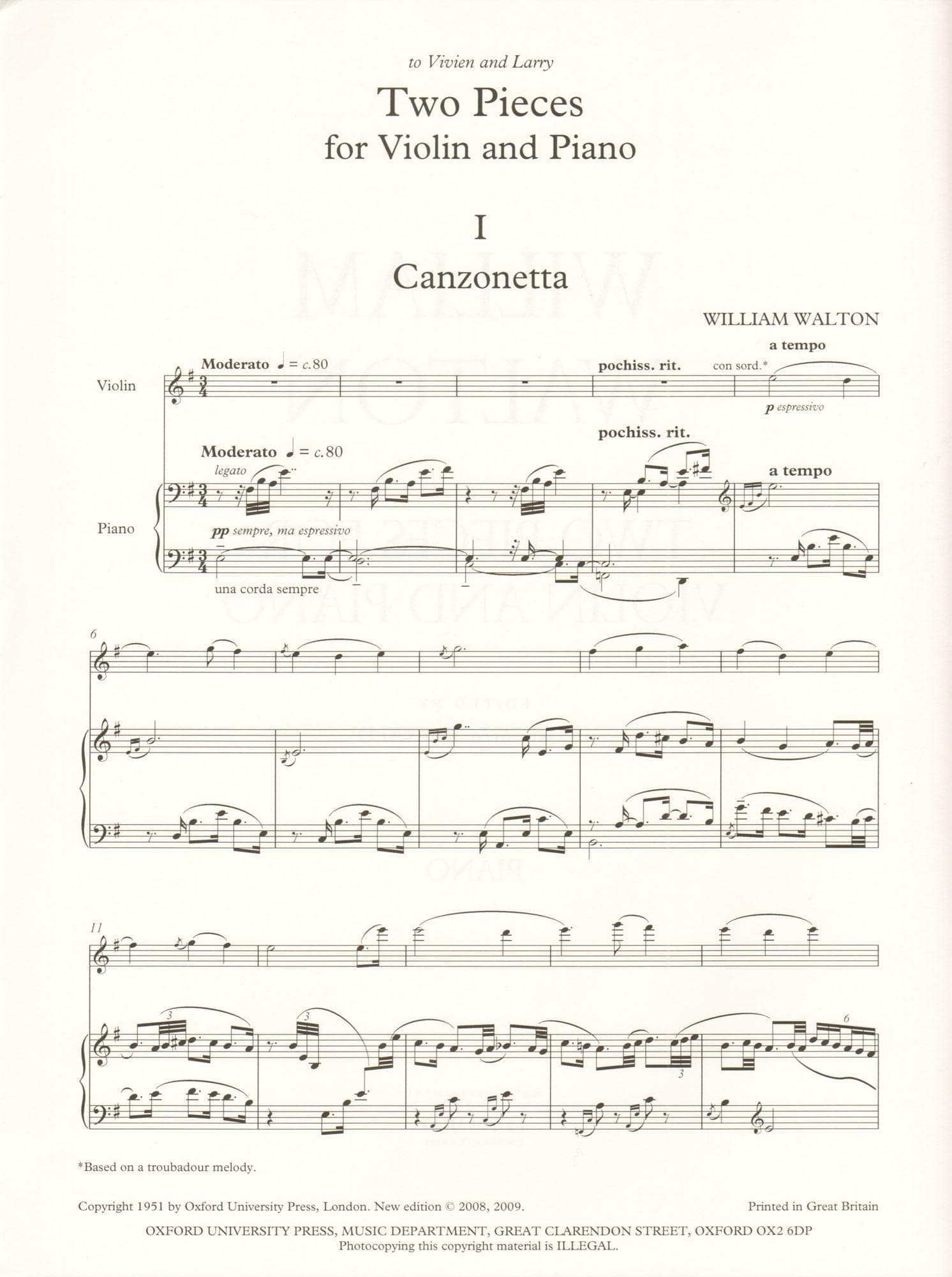 Walton, William - Two Pieces for Violin and Piano (Canzonetta & Scherzetto) - edited by Hugh MacDonald - Oxford University Press