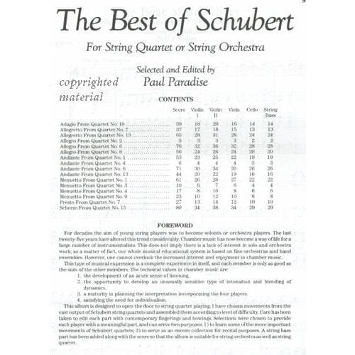 Schubert, Franz - The Best of Schubert -for String Quartet or String Orchestra - SCORE ONLY - edited by Paul Paradise - Belwin-Mills Publishing