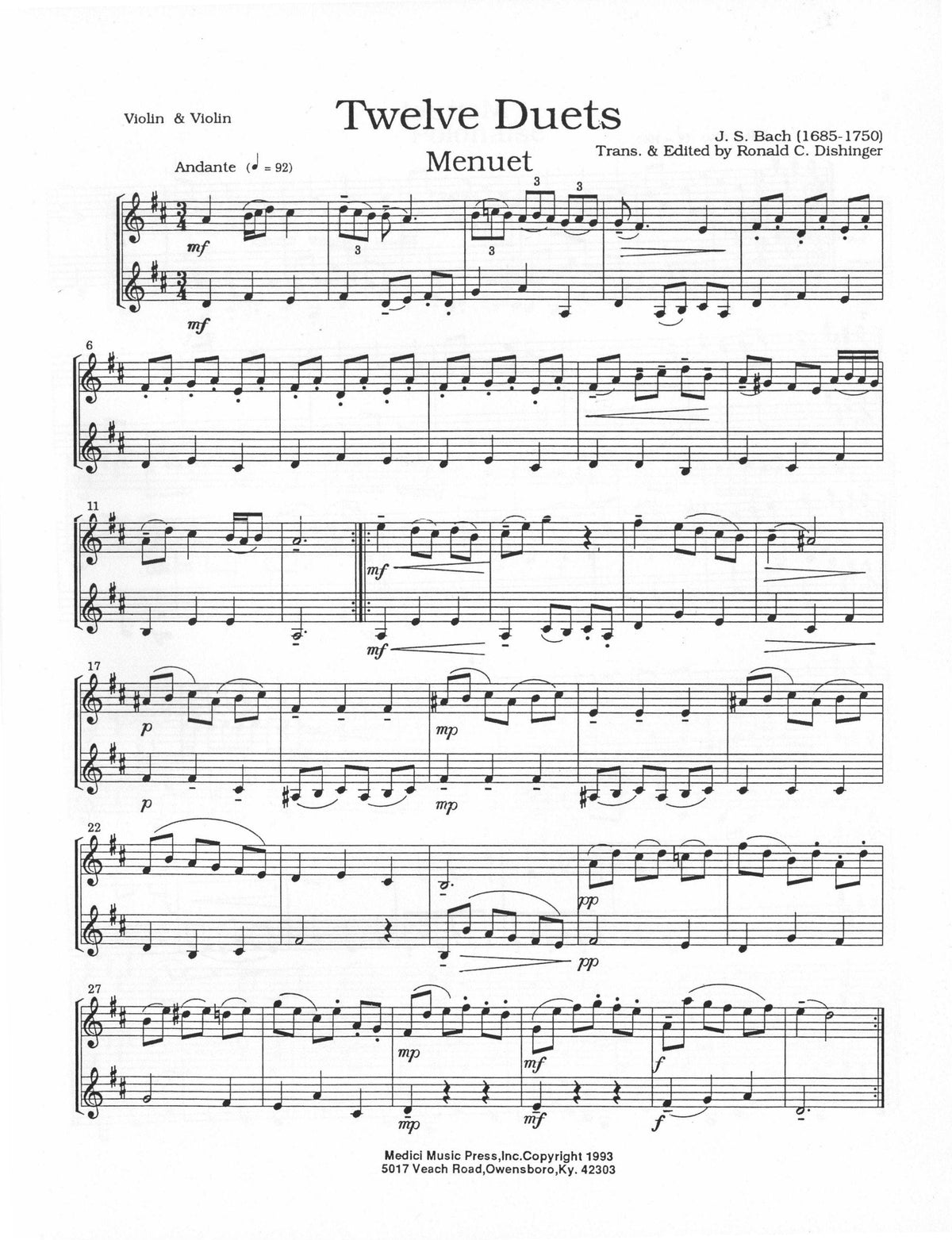 Bach, JS - 12 Duets (from Anna Magdalena Bach Notebook) - for Two Violins - arranged by Ronald C Dishinger - Medici Music Press