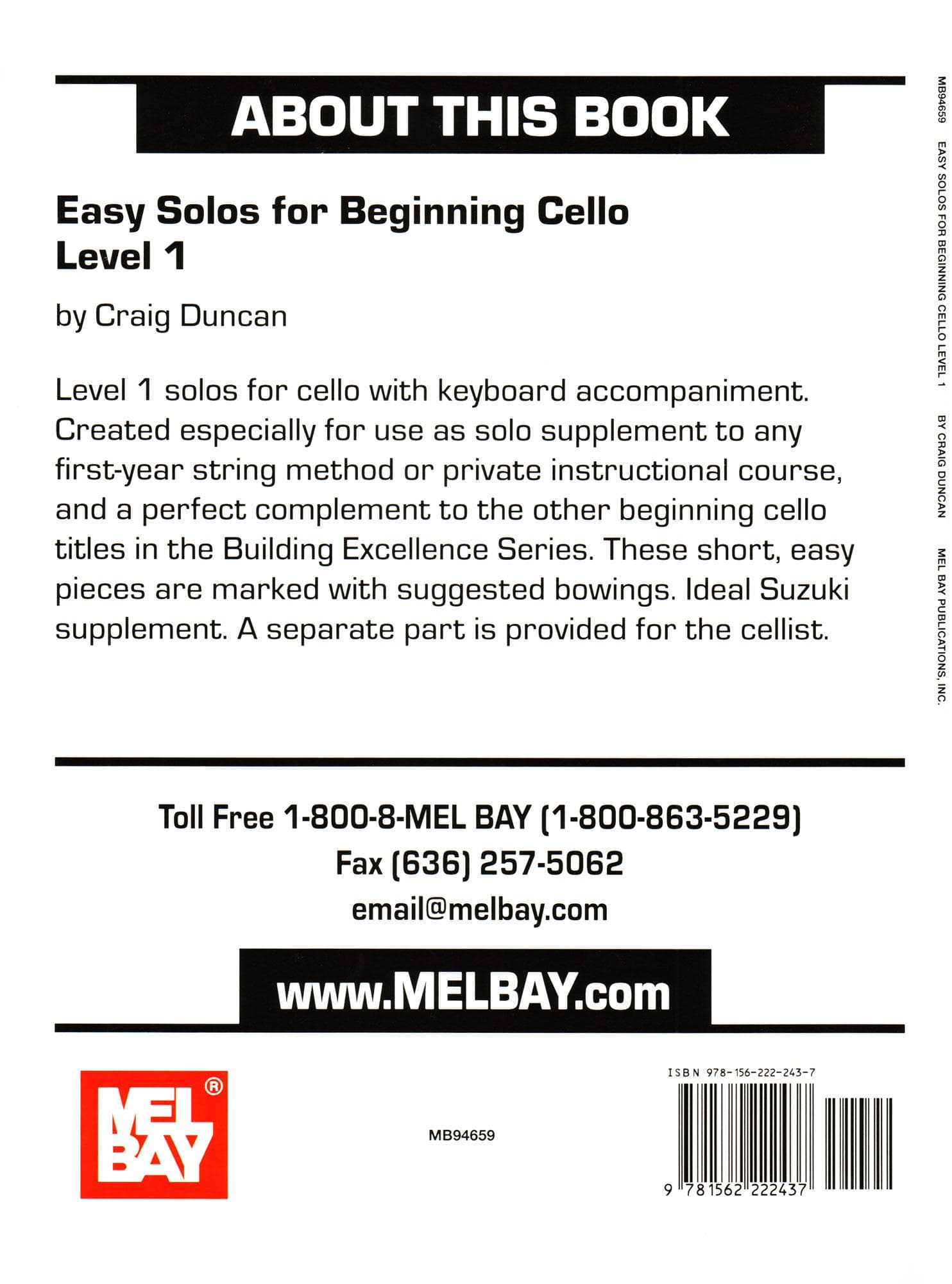 Duncan, Craig - Easy Solos For Beginning Cello, Level 1 - for Cello with Piano Accompaniment - Mel Bay Publications