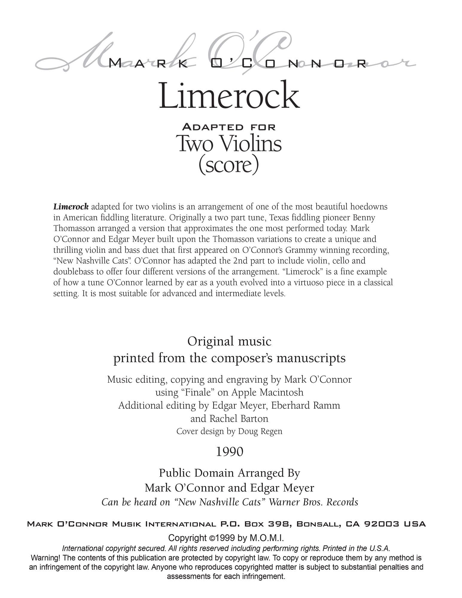 O'Connor, Mark - Limerock for 2 Violins - Score - Digital Download