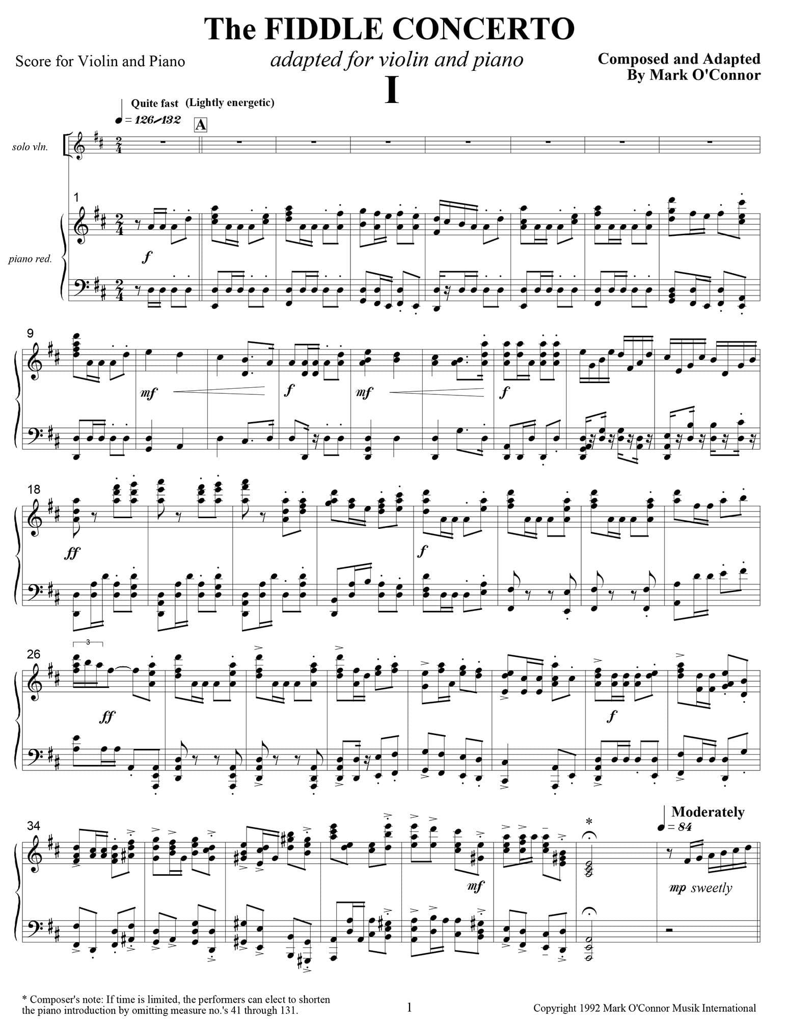 O'Connor, Mark - The FIDDLE CONCERTO for Violin and Piano - Piano Score - Digital Download